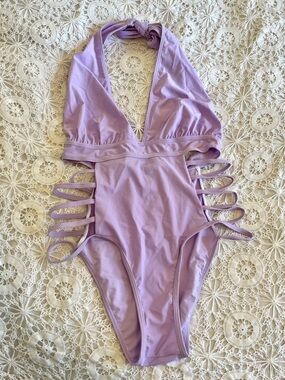 Lilac purple halter neck one piece swim suit with cutouts